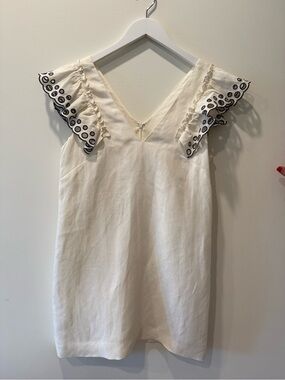 J. Crew Cream Sleeveless V-Neck Dress with Black Embroidered Ruffle Shoulders